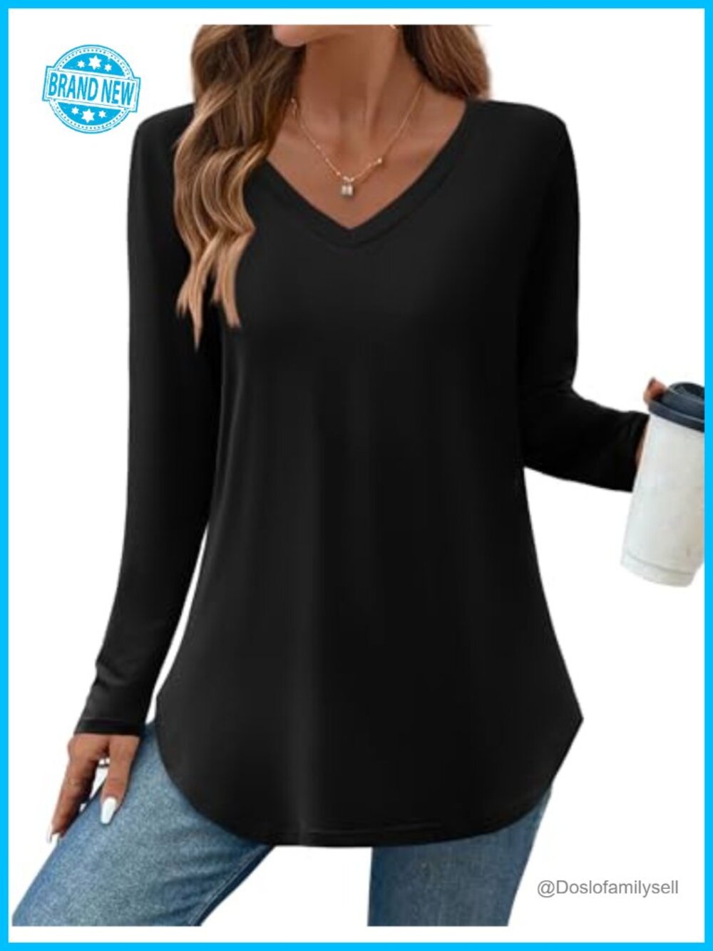 Women's V-Neck Long Sleeve Tunic Top Loose Fit Curved Hem Side Split Fall Shirt